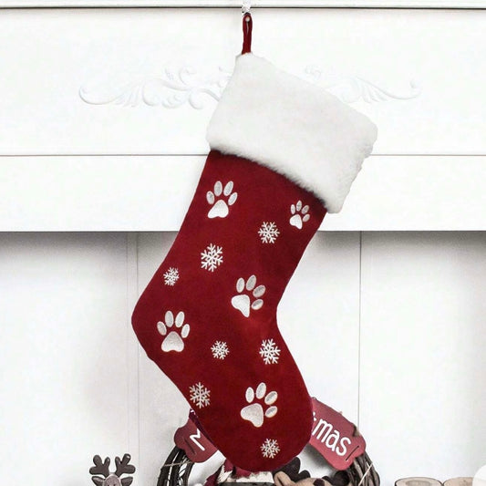 Embroidery Red Dog Paw Plush Christmas Stockings