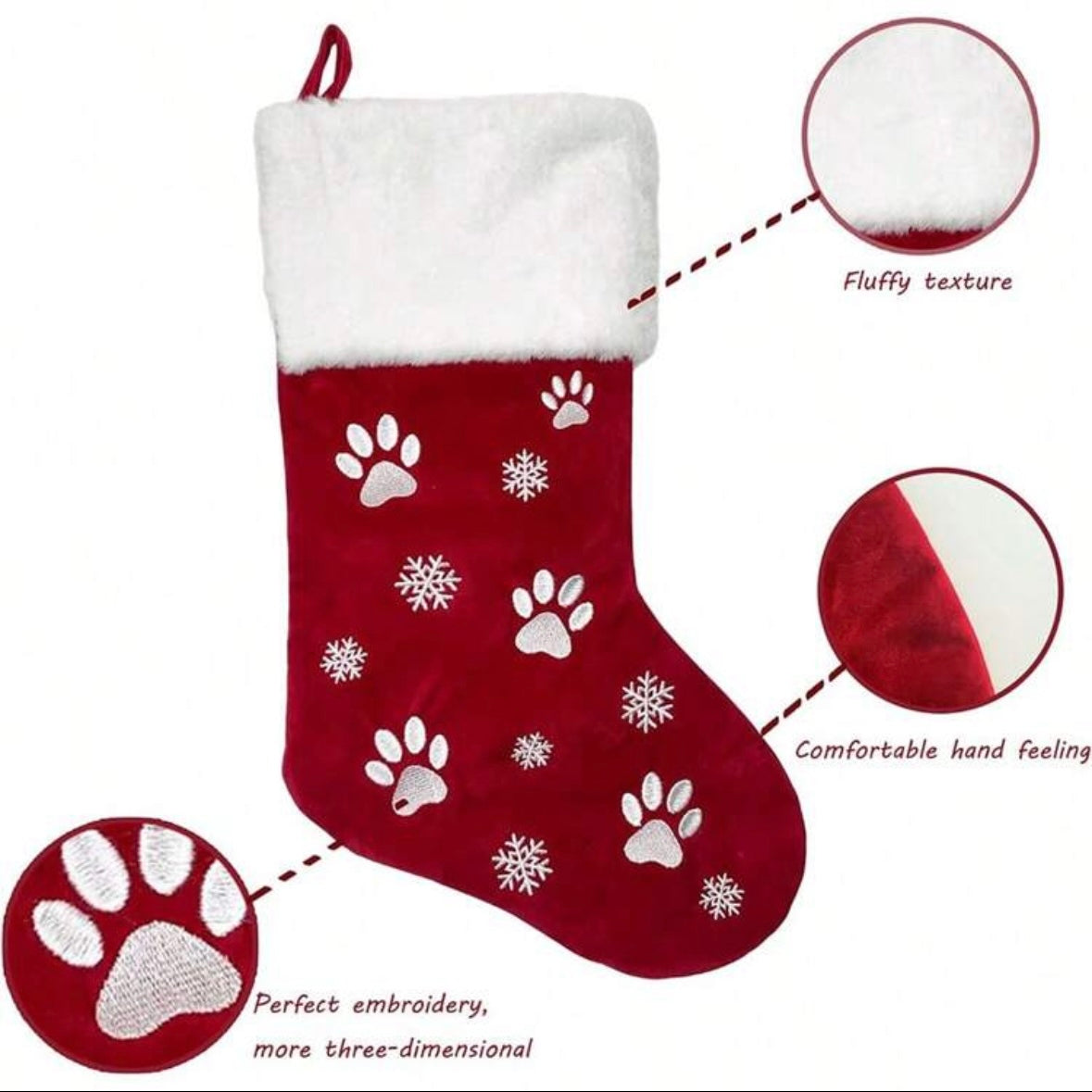 Embroidery Red Dog Paw Plush Christmas Stockings