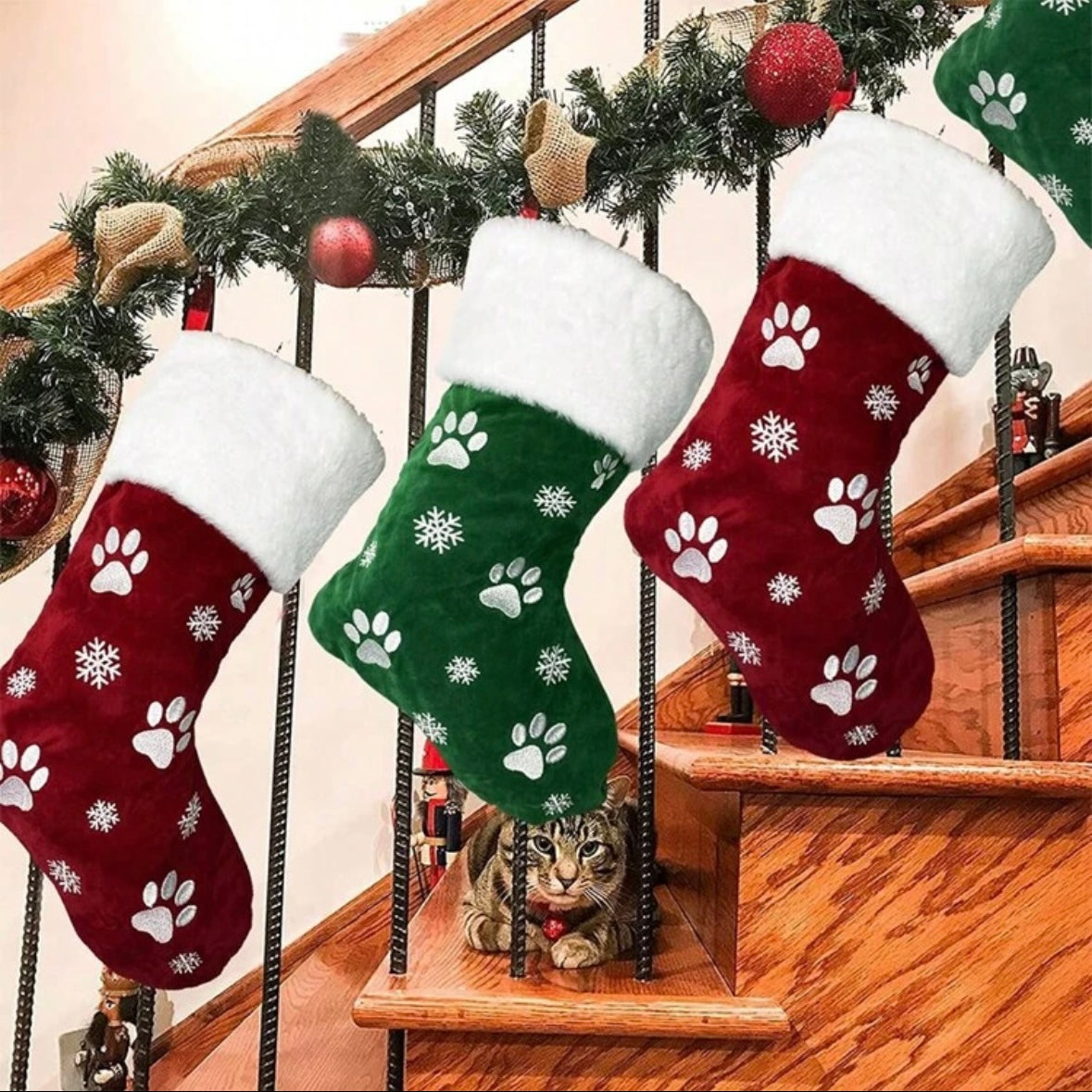 Embroidery Green Dog Paw Plush Christmas Stockings