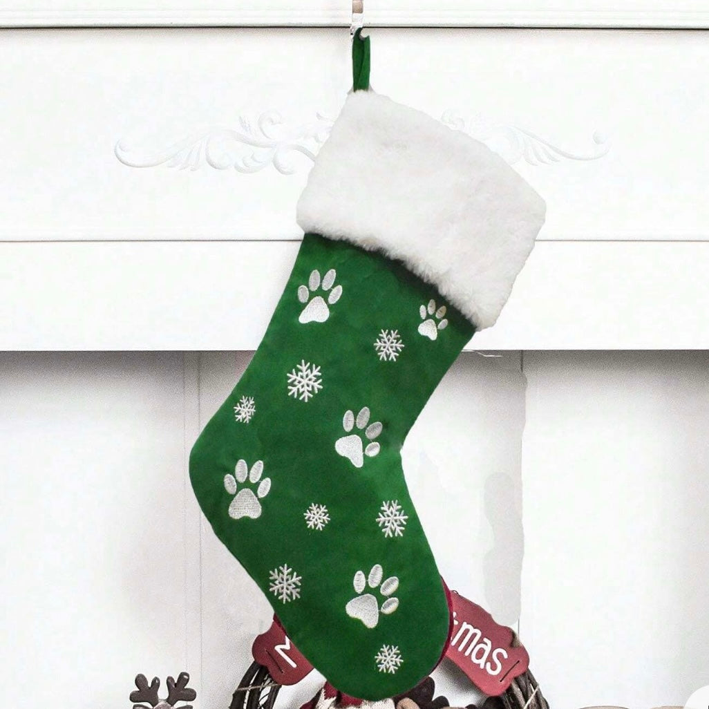 Embroidery Green Dog Paw Plush Christmas Stockings