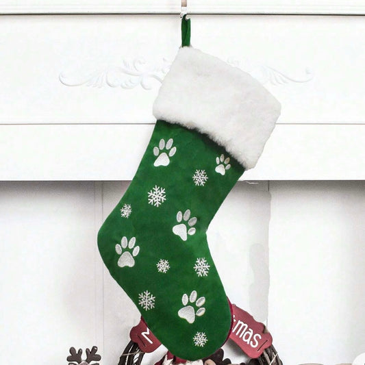 Embroidery Green Dog Paw Plush Christmas Stockings