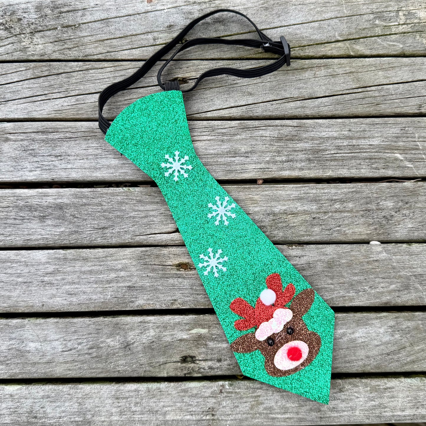 Christmas Green Snowflake and Reindeer Glitter Dog Tie