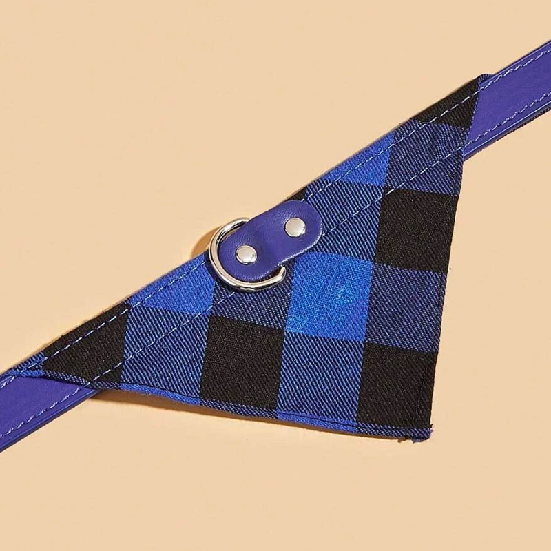 Blue and Black Check Dog Bandana and Collar